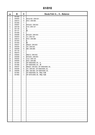61/010
A B C Deutz Fahr 4..., 5... Balance
1 551050 2
2 040505 8 M12x150 - DIN 931
3 040010 8 M12 - DIN 985
4 551055 1
5 040507 4 M10x35 - DIN 933
6 040109 4 A10 - DIN 127
7 551130 1 L
8 551131 1 R
9 551056 2
10 040496 8 M12x30 - DIN 933
11 040203 8 13 - DIN 125
12 040010 8 M12 - DIN 985
13 551053 1 L
14 551054 1 R
15 040437 8 M8x20 - DIN 603
16 040300 8 V9 - DIN 440
17 040008 8 M8 - DIN 985
18 551134 1
19 682470 1
20 040645 1 M8x12 - DIN 933
21 040499 4 M10x25 - DIN 603
22 040202 4 10,5 - DIN 125
23 040009 4 M10 - DIN 985
30 551065 1 DF 4060/4065, 55.. - L
31 551066 1 DF 4060/4065, 55.. - R
32 040437 6 M8x20 - DIN 603 - DF 4060/4065, 55..
33 040300 6 V9 - DIN 440 - DF 4060/4065, 55..
34 040008 2 M8 - DIN 985 - DF 4060/4065, 55..
- 551982 1 DF 4060/4065, 55.. Pos. 1-34
- 551983 1 DF 4070-4090, 56.. Pos. 1-23
 