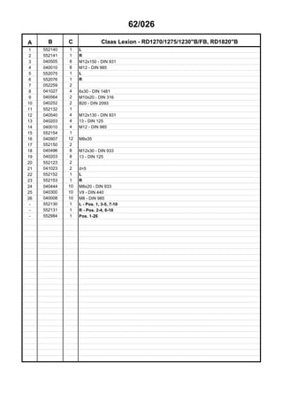62/026
A B C Claas Lexion - RD1270/1275/1230"B/FB, RD1820"B
1 552140 1 L
2 552141 1 R
3 040505 8 M12x150 - DIN 931
4 040010 8 M12 - DIN 985
5 552075 1 L
6 552076 1 R
7 052259 2
8 041027 4 6x30 - DIN 1481
9 040564 2 M10x20 - DIN 316
10 040252 2 B20 - DIN 2093
11 552132 1
12 040540 4 M12x130 - DIN 931
13 040203 4 13 - DIN 125
14 040010 4 M12 - DIN 985
15 552154 1
16 040907 12 M8x35
17 552150 2
18 040496 8 M12x30 - DIN 933
19 040203 8 13 - DIN 125
20 552123 2
21 041023 2 d=5
22 552152 1 L
23 552153 1 R
24 040444 10 M8x20 - DIN 933
25 040300 10 V9 - DIN 440
26 040008 10 M8 - DIN 985
- 552130 1 L - Pos. 1, 3-5, 7-10
- 552131 1 R - Pos. 2-4, 6-10
- 552984 1 Pos. 1-26
 