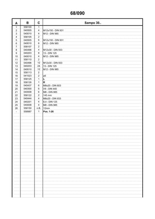 68/090
A B C Sampo 30..
1 558100 1
2 040505 4 M12x150 - DIN 931
3 040010 4 M12 - DIN 985
4 558105 2
5 040505 6 M12x150 - DIN 931
6 040010 6 M12 - DIN 985
7 558107 2
8 040496 4 M12x30 - DIN 933
9 040203 8 13 - DIN 125
10 040010 4 M12 - DIN 985
11 558110 2
12 040496 12 M12x30 - DIN 933
13 040203 24 13 - DIN 125
14 040010 12 M12 - DIN 985
15 558113 2
16 041023 2 ø5
17 558125 1 L
18 558126 1 R
19 040437 6 M8x20 - DIN 603
20 040300 6 V9 - DIN 440
21 040008 6 M8 - DIN 985
22 558122 2 145 mm
23 040444 4 M8x20 - DIN 933
24 040201 4 8,4 - DIN 125
25 040008 4 M8 - DIN 985
26 558150 n.B. 12mm
- 558987 1 Pos. 1-26
 