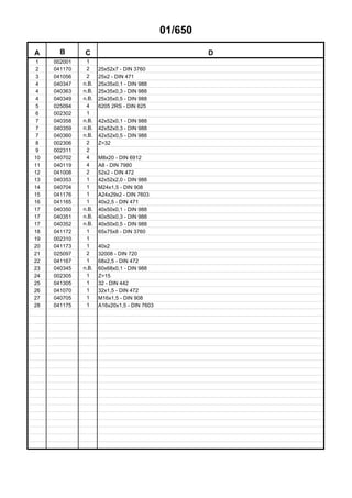 01/650
A B C D
1 002001 1
2 041170 2 25x52x7 - DIN 3760
3 041056 2 25x2 - DIN 471
4 040347 n.B. 25x35x0,1 - DIN 988
4 040363 n.B. 25x35x0,3 - DIN 988
4 040349 n.B. 25x35x0,5 - DIN 988
5 025094 4 6205 2RS - DIN 625
6 002302 1
7 040358 n.B. 42x52x0,1 - DIN 988
7 040359 n.B. 42x52x0,3 - DIN 988
7 040360 n.B. 42x52x0,5 - DIN 988
8 002306 2 Z=32
9 002311 2
10 040702 4 M8x20 - DIN 6912
11 040119 4 A8 - DIN 7980
12 041008 2 52x2 - DIN 472
13 040353 1 42x52x2,0 - DIN 988
14 040704 1 M24x1,5 - DIN 908
15 041176 1 A24x29x2 - DIN 7603
16 041165 1 40x2,5 - DIN 471
17 040350 n.B. 40x50x0,1 - DIN 988
17 040351 n.B. 40x50x0,3 - DIN 988
17 040352 n.B. 40x50x0,5 - DIN 988
18 041172 1 65x75x8 - DIN 3760
19 002310 1
20 041173 1 40x2
21 025097 2 32008 - DIN 720
22 041167 1 68x2,5 - DIN 472
23 040345 n.B. 60x68x0,1 - DIN 988
24 002305 1 Z=15
25 041305 1 32 - DIN 442
26 041070 1 32x1,5 - DIN 472
27 040705 1 M16x1,5 - DIN 908
28 041175 1 A16x20x1,5 - DIN 7603
 
