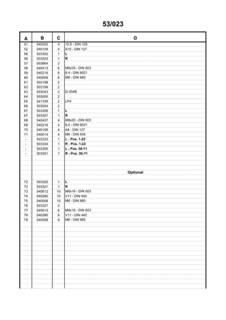 53/023
A B C D
51 040202 4 10,5 - DIN 125
52 040109 4 A10 - DIN 127
56 503302 1 L
56 503303 1 R
57 003664 2
58 040413 6 M8x25 - DIN 603
59 040216 6 8,4 - DIN 9021
60 040008 6 M8 - DIN 985
61 503198 2
62 503199 2
63 003043 2 D-354B
64 503055 2
65 041339 2 LP4
66 503054 2
67 503306 1 L
67 503307 1 R
68 040437 4 M8x20 - DIN 603
69 040216 4 8,4 - DIN 9021
70 040108 4 A8 - DIN 127
71 040014 4 M8 - DIN 934
- 503333 1 L - Pos. 1-22
- 503334 1 R - Pos. 1-22
- 503300 1 L - Pos. 56-71
- 503301 1 R - Pos. 56-71
Optional
72 503320 1 L
72 503321 1 R
73 040612 10 M8x16 - DIN 603
74 040280 10 V11 - DIN 440
75 040008 10 M8 - DIN 985
76 503327 2
77 040612 8 M8x16 - DIN 603
78 040280 8 V11 - DIN 440
79 040008 8 M8 - DIN 985
 
