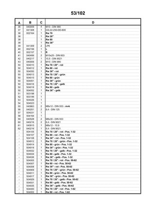 53/102
A B C D
36 040009 4 M10 - DIN 985
37 041308 1 GS-22-250-DD-800
38 002164 1 Rw 70
38 1 Rw 28"
38 1 Rw 80
38 1 Rw 36"
39 041309 2 LP6
40 002156 1 L
40 002157 1 R
41 040499 2 M10x25 - DIN 603
42 040217 1 10,5 - DIN 9021
43 040009 2 M10 - DIN 985
50 504010 1 Rw 70 / 28" - rot
50 504012 1 Rw 80 - rot
50 504050 1 Rw 36" - rot
50 504013 1 Rw 70 / 28" - grün
50 504015 1 Rw 80 - grün
50 504051 1 Rw 36" - grün
50 504016 1 Rw 70 / 28" - gelb
50 504018 1 Rw 80 - gelb
50 504052 1 Rw 36" - gelb
51 503198 1
52 503199 1
53 504026 1
54 504023 1
55 040863 2 M8x12 - DIN 933 - mvk
56 040201 2 8,4 - DIN 125
57 504031 1
58 504164 1
59 040528 2 M8x30 - DIN 933
60 040216 2 8,4 - DIN 9021
61 040915 1 M8x12 - 10.9
62 040216 1 8,4 - DIN 9021
- 504105 1 Rw 70 / 28" - rot - Pos. 1-32
- 504107 1 Rw 80 - rot - Pos. 1-32
- 504108 1 Rw 36" - rot - Pos. 1-32
- 504912 1 Rw 70 / 28" - grün - Pos. 1-32
- 504914 1 Rw 80 - grün - Pos. 1-32
- 504918 1 Rw 36" - grün - Pos. 1-32
- 504932 1 Rw 70 / 28" - gelb - Pos. 1-32
- 504934 1 Rw 80 - gelb - Pos. 1-32
- 504936 1 Rw 36" - gelb - Pos. 1-32
- 504005 1 Rw 70 / 28" - rot - Pos. 50-62
- 504007 1 Rw 80 - rot - Pos. 50-62
- 504008 1 Rw 36" - rot - Pos. 50-62
- 504909 1 Rw 70 / 28" - grün - Pos. 50-62
- 504911 1 Rw 80 - grün - Pos. 50-62
- 504917 1 Rw 36" - grün - Pos. 50-62
- 504929 1 Rw 70 / 28" - gelb - Pos. 50-62
- 504931 1 Rw 80 - gelb - Pos. 50-62
- 504935 1 Rw 36" - gelb - Pos. 50-62
- 504000 1 Rw 70 / 28" - rot - Pos. 1-62
- 504002 1 Rw 80 - rot - Pos. 1-62
 