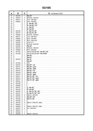 53/105
A B C D - ab Baujahr 2003
31 002180 1 Rw 30"
32 040418 4 M10x25 - DIN 933
33 040217 2 10,5 - DIN 9021
34 040009 4 M10 - DIN 985
35 1 L - Rw 20" / 22"
35 1 R - Rw 20" / 22"
36 1 L - Rw 22"
36 1 R - Rw 22"
36 002156 1 L - Rw 75 / 30"
36 002157 1 R - Rw 75 / 30"
37 040499 2 M10x25 - DIN 603
38 040217 1 10,5 - DIN 9021
39 040009 2 M10 - DIN 985
40 042009 2 M10 - DIN 6334
41 504759 2 ø19/11x17
42 040646 2 M10x35 - DIN 933
43 504756 1 Rw 20"
44 040418 4 M10x25 - DIN 933
45 040009 4 M10 - DIN 985
46 041335 1 GS-22-250-DD-600 - Rw 20" / 22"
46 041308 1 GS-22-250-DD-800 - Rw 75/30"
47 1 Rw 20"
47 1 Rw 22"
47 002162 1 Rw 75
47 1 Rw 30"
48 041309 2 LP6
50 504740 1 Rw 20" - rot
50 504741 1 Rw 20" - grün
50 504742 1 Rw 20" - gelb
50 504743 1 Rw 22" - rot
50 504744 1 Rw 22" - grün
50 504745 1 Rw 22" - gelb
50 504011 1 Rw 75 / 30" - rot
50 504014 1 Rw 75 / 30" - grün
50 504017 1 Rw 75 / 30" - gelb
51 503198 1
52 503199 1
53 504026 1
54 504191 1 L - Rw 20"
54 504192 1 R - Rw 20"
54 504180 1 L - Rw 75 / 30" / 22"
54 504181 1 R - Rw 75 / 30" / 22"
55 040534 4 M8x16 - DIN 933
56 003154 2 Rw 20" / 22"
56 504188 2 Rw 75 / 30"
57 504169 2
58 040725 4 M8x14 - DIN 933 - mvk
59 504023 1
60 040604 2 M8x20 - DIN 933 - mvk
61 040216 2 8,4 - DIN 9021
62 504031 1
63 504164 1
64 040528 2 M8x30 - DIN 933
 