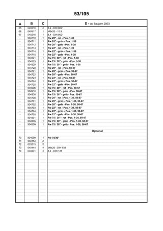 53/105
A B C D - ab Baujahr 2003
65 040216 2 8,4 - DIN 9021
66 040917 1 M8x20 - 10.9
67 040216 1 8,4 - DIN 9021
- 504710 1 Rw 20" - rot - Pos. 1-30
- 504711 1 Rw 20" - grün - Pos. 1-30
- 504712 1 Rw 20" - gelb - Pos. 1-30
- 504713 1 Rw 22" - rot - Pos. 1-30
- 504714 1 Rw 22" - grün - Pos. 1-30
- 504715 1 Rw 22" - gelb - Pos. 1-30
- 504521 1 Rw 75 / 30" - rot - Pos. 1-30
- 504525 1 Rw 75 / 30" - grün - Pos. 1-30
- 504529 1 Rw 75 / 30" - gelb - Pos. 1-30
- 504720 1 Rw 20" - rot - Pos. 50-67
- 504721 1 Rw 20" - grün - Pos. 50-67
- 504722 1 Rw 20" - gelb - Pos. 50-67
- 504723 1 Rw 22" - rot - Pos. 50-67
- 504724 1 Rw 22" - grün - Pos. 50-67
- 504725 1 Rw 22" - gelb - Pos. 50-67
- 504006 1 Rw 75 / 30" - rot - Pos. 50-67
- 504910 1 Rw 75 / 30" - grün - Pos. 50-67
- 504930 1 Rw 75 / 30" - gelb - Pos. 50-67
- 504700 1 Rw 20" - rot - Pos. 1-30, 50-67
- 504701 1 Rw 20" - grün - Pos. 1-30, 50-67
- 504702 1 Rw 20" - gelb - Pos. 1-30, 50-67
- 504703 1 Rw 22" - rot - Pos. 1-30, 50-67
- 504704 1 Rw 22" - grün - Pos. 1-30, 50-67
- 504705 1 Rw 22" - gelb - Pos. 1-30, 50-67
- 504501 1 Rw 75 / 30" - rot - Pos. 1-30, 50-67
- 504505 1 Rw 75 / 30" - grün - Pos. 1-30, 50-67
- 504509 1 Rw 75 / 30" - gelb - Pos. 1-30, 50-67
Optional
70 504090 1 Rw 75/30"
71 504154 2
72 003215 2
73 040444 4 M8x20 - DIN 933
74 040201 4 8,4 - DIN 125
 