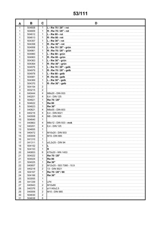 53/111
A B C D
1 504608 1 L - Rw 70 / 28" - rot
1 504609 1 R - Rw 70 / 28" - rot
1 504612 1 L - Rw 80 - rot
1 504613 1 R - Rw 80 - rot
1 504357 1 L - Rw 36" - rot
1 504358 1 R - Rw 36" - rot
1 504958 1 L - Rw 70 / 28" - grün
1 504961 1 R - Rw 70 / 28" - grün
1 504960 1 L - Rw 80 - grün
1 504963 1 R - Rw 80 - grün
1 504363 1 L - Rw 36" - grün
1 504364 1 R - Rw 36" - grün
1 504976 1 L - Rw 70 / 28" - gelb
1 504979 1 R - Rw 70 / 28" - gelb
1 504978 1 L - Rw 80 - gelb
1 504981 1 R - Rw 80 - gelb
1 504369 1 L - Rw 36" - gelb
1 504370 1 R - Rw 36" - gelb
2 504154 2
3 003215 2
4 040444 4 M8x20 - DIN 933
5 040201 4 8,4 - DIN 125
6 504621 1 Rw 70 / 28"
6 504622 1 Rw 80
6 504623 1 Rw 36"
7 040621 4 M8x55 - DIN 603
8 040216 4 8,4 - DIN 9021
9 040008 4 M8 - DIN 985
10 504640 1
11 040863 4 M8x12 - DIN 933 - mvk
12 040201 4 8,4 - DIN 125
13 504655 1
14 040472 1 M10x20 - DIN 933
15 040009 1 M10- DIN 985
16 041310 1
17 041311 1 ø3,2x25 - DIN 94
18 504152 1 L
19 504153 1 R
20 040853 6 K70x20 - WN 1453
21 504022 1 Rw 70 / 28"
21 504024 1 Rw 80
21 504025 1 Rw 36"
22 040857 2 M12x25 - ISO 7380 - 10.9
23 040218 2 13 - DIN 9021
24 504167 1 Rw 70 / 28" / 80
24 504166 1 Rw 36"
25 503055 1
26 041339 1 LP4
27 040943 2 M10x80
28 040376 2 ø11/40x2,5
29 040009 2 M10 - DIN 985
30 504630 2
31 504638 6
 