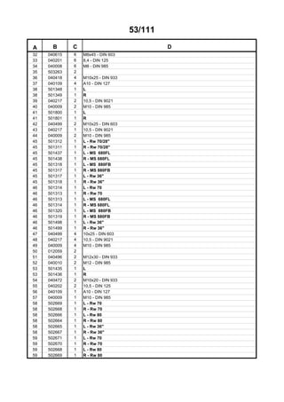 53/111
A B C D
32 040615 6 M8x45 - DIN 603
33 040201 6 8,4 - DIN 125
34 040008 6 M8 - DIN 985
35 503263 2
36 040418 4 M10x25 - DIN 933
37 040109 4 A10 - DIN 127
38 501348 1 L
38 501349 1 R
39 040217 2 10,5 - DIN 9021
40 040009 2 M10 - DIN 985
41 501800 1 L
41 501801 1 R
42 040499 2 M10x25 - DIN 603
43 040217 1 10,5 - DIN 9021
44 040009 2 M10 - DIN 985
45 501312 1 L - Rw 70/28"
45 501311 1 R - Rw 70/28"
45 501437 1 L - MS 680FL
45 501438 1 R - MS 680FL
45 501318 1 L - MS 880FB
45 501317 1 R - MS 880FB
45 501317 1 L - Rw 36"
45 501318 1 R - Rw 36"
46 501314 1 L - Rw 70
46 501313 1 R - Rw 70
46 501313 1 L - MS 680FL
46 501314 1 R - MS 680FL
46 501320 1 L - MS 880FB
46 501319 1 R - MS 880FB
46 501498 1 L - Rw 36"
46 501499 1 R - Rw 36"
47 040499 4 10x25 - DIN 603
48 040217 4 10,5 - DIN 9021
49 040009 4 M10 - DIN 985
50 012059 2
51 040496 2 M12x30 - DIN 933
52 040010 2 M12 - DIN 985
53 501435 1 L
53 501436 1 R
54 040472 2 M10x20 - DIN 933
55 040202 2 10,5 - DIN 125
56 040109 1 A10 - DIN 127
57 040009 1 M10 - DIN 985
58 502669 1 L - Rw 70
58 502668 1 R - Rw 70
58 502666 1 L - Rw 80
58 502664 1 R - Rw 80
58 502665 1 L - Rw 36"
58 502667 1 R - Rw 36"
59 502671 1 L - Rw 70
59 502670 1 R - Rw 70
59 502668 1 L - Rw 80
59 502669 1 R - Rw 80
 