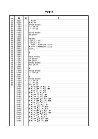 53/111
A B C D
59 502664 1 L - Rw 36"
59 502666 1 R - Rw 36"
60 040545 2 M10x25 - DIN 912
61 040202 2 10,5 - DIN 125
62 040109 2 A10 - DIN 127
63 501329 1
64 040612 1 M10x16 - DIN 603
65 040008 1 M8 - DIN 985
66 526028 2
67 026069 4 WSV8-PL
68 026312 2 1106K-A0-A0-330
69 026386 1 1106K-A0-A3-350
70 026378 1 L - 1106K-A3-A3-530 (345° versetzt)
70 026377 1 R - 1106K-A3-A3-530 (15° versetzt)
71 026067 2 GE8-PLM
72 503237 1 L
72 503238 1 R
73 503240 1
74 040413 4 M8x25 - DIN 603
75 040216 4 8,4 - DIN 9021
76 040008 4 M8 - DIN 985
77 040466 1 M12x50 - DIN 933
78 040010 1 M12 - DIN 985
79 503230 1 L
79 503234 1 R
80 040472 3 M10x20 - DIN 933
81 040109 3 A10 - DIN 127
82 503245 1 L
82 503246 1 R
83 040418 3 M10x25 - DIN 933
84 040202 3 10,5 - DIN 125
85 040109 1 A10 - DIN 127
86 040009 2 M10 - DIN 985
- 504600 1 L - Rw 70 / 28" - rot - Pos. 1-37
- 504601 1 R - Rw 70 / 28" - rot - Pos. 1-37
- 504604 1 L - Rw 80 - rot - Pos. 1-37
- 504605 1 R - Rw 80 - rot - Pos. 1-37
- 504355 1 L - Rw 36" - rot - Pos. 1-37
- 504356 1 R - Rw 36" - rot - Pos. 1-37
- 504952 1 L - Rw 70 / 28" - grün - Pos. 1-37
- 504955 1 R - Rw 70 / 28" - grün - Pos. 1-37
- 504954 1 L - Rw 80 - grün - Pos. 1-37
- 504957 1 R - Rw 80 - grün - Pos. 1-37
- 504361 1 L - Rw 36" - grün - Pos. 1-37
- 504362 1 R - Rw 36" - grün - Pos. 1-37
- 504970 1 L - Rw 70 / 28" - gelb - Pos. 1-37
- 504973 1 R - Rw 70 / 28" - gelb - Pos. 1-37
- 504972 1 L - Rw 80 - gelb - Pos. 1-37
- 504975 1 R - Rw 80 - gelb - Pos. 1-37
- 504367 1 L - Rw 36" - gelb - Pos. 1-37
- 504368 1 R - Rw 36" - gelb - Pos. 1-37
 