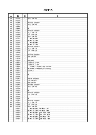 53/115
A B C D
45 040009 4 M10 - DIN 985
46 012059 2
47 040496 2 M12x30 - DIN 933
48 040010 2 M12 - DIN 985
49 501435 1 L
49 501436 1 R
50 040472 2 M10x20 - DIN 933
51 040202 2 10,5 - DIN 125
52 040109 1 A10 - DIN 127
53 040009 1 M10 - DIN 985
54 502661 1 L - Rw 75 / 30"
54 502663 1 R - Rw 75 / 30"
55 502660 1 L - Rw 75 / 30"
55 502662 1 R - Rw 75 / 30"
56 040545 2 M10x25 - DIN 912
57 040202 2 10,5 - DIN 125
58 040109 2 A10 - DIN 127
59 501329 1
60 040612 1 M10x16 - DIN 603
61 040008 1 M8 - DIN 985
62 526028 2
63 026069 4 WSV8-PL
64 026312 2 1106K-A0-A0-330
65 026386 1 1106K-A0-A3-350
66 026378 1 L - 1106K-A3-A3-530 (345° versetzt)
66 026377 1 R - 1106K-A3-A3-530 (15° versetzt)
67 026067 2 GE8-PLM
68 503237 1 L
68 503238 1 R
69 503240 1
70 040413 4 M8x25 - DIN 603
71 040216 4 8,4 - DIN 9021
72 040008 4 M8 - DIN 985
73 040466 1 M12x50 - DIN 933
74 040010 1 M12 - DIN 985
75 503230 1 L
75 503234 1 R
76 040472 3 M10x20 - DIN 933
77 040109 3 A10 - DIN 127
78 503245 1 L
78 503246 1 R
79 040418 3 M10x25 - DIN 933
80 040202 3 10,5 - DIN 125
81 040109 1 A10 - DIN 127
82 040009 2 M10 - DIN 985
- 504554 1 L - Rw 75 / 30" - rot - Pos. 1-33
- 504555 1 R - Rw 75 / 30" - rot - Pos. 1-33
- 504562 1 L - Rw 75 / 30" - grün - Pos. 1-33
- 504563 1 R - Rw 75 / 30" - grün - Pos. 1-33
- 504570 1 L - Rw 75 / 30" - gelb - Pos. 1-33
- 504571 1 R - Rw 75 / 30" - gelb - Pos. 1-33
 