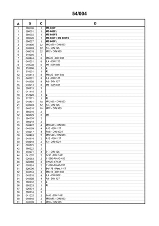 54/004
A B C D
1 586000 1 MS 600F
1 586001 1 MS 600FL
1 586002 1 MS 600FS
2 586020 1 MS 600F / MS 600FS
2 586027 1 MS 600FL
3 040496 32 M12x30 - DIN 933
4 040203 32 13 - DIN 125
5 040010 32 M12 - DIN 985
6 510295 1
7 040444 6 M8x20 - DIN 933
8 040201 6 8,4 - DIN 125
9 040008 6 M8 - DIN 985
10 510200 1 L
11 510201 1 R
12 040444 8 M8x20 - DIN 933
13 040201 8 8,4 - DIN 125
14 040108 8 A8 - DIN 127
15 040014 8 M8 - DIN 934
16 588215 2
17 041110 2
18 512220 1 L
19 512221 1 R
20 040491 10 M12x35 - DIN 933
21 040203 12 13 - DIN 125
22 040010 10 M12 - DIN 985
31 586210 2
32 026379 2 M6
33 586220 2
34 586218 2
35 040472 4 M10x20 - DIN 933
36 040109 4 A10 - DIN 127
37 040217 4 10,5 - DIN 9021
38 040474 2 M12x20 - DIN 933
39 040110 2 A12 - DIN 127
40 040218 2 13 - DIN 9021
41 026375 2
42 586222 2
43 040271 4 31 - DIN 125
44 041002 2 6x50 - DIN 1481
45 026383 2 1106K-A0-A2-450
46 026088 4 SWVE 8-PLM
47 026924 2 1106K-A0-A0-700
51 526000 1 54/170 - Pos. 1-17
52 040534 4 M8x16 - DIN 933
53 040216 4 8,4 - DIN 9021
54 040108 4 A8 - DIN 127
55 586232 1 L
56 586233 1 R
57 026374 2
58 586234 2
59 041032 2 6x40 - DIN 1481
60 040646 2 M10x45 - DIN 933
61 040009 2 M10 - DIN 985
 
