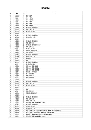 54/012
A B C D
1 586000 1 MS 600F
1 586001 1 MS 600FL
1 586002 1 MS 600FS
2 586021 1 MS 600F
2 586023 1 MS 600FL
2 586025 1 MS 600FS
3 040496 8 M12x30 - DIN 933
4 040203 8 13 - DIN 125
5 040010 8 M12 - DIN 985
6 586164 1
7 040497 3 M10x20 - DIN 933
8 040109 3 A10 - DIN 127
9 586223 1
10 040455 3 M12x40 - DIN 933
11 040208 3 13 - DIN 433
12 040603 2 M16x45 - DIN 933 12.9
13 040209 2 17 - DIN 433
14 040017 2 M16 - DIN 934
15 041199 2 10x20 - DIN 1481
16 025015 2 GE 30 DO
17 040497 2 M10x20 - DIN 933
18 040109 2 A10 - DIN 127
19 040371 2 45/11x5
20 026379 2 M6
21 040532 1 M16x35 - DIN 933
22 040017 1 M16 - DIN 934
23 510202 1 660 mm - MS 600F
23 510204 1 785 mm - MS 600FL
23 510206 1 535 mm - MS 600FS
24 040444 3 M8x20 - DIN 933
25 040201 3 8.4 - DIN 125
26 040108 3 A8 - DIN 127
27 040014 3 M8 - DIN 934
28 512225 1
29 040491 5 M12x35 - DIN 933
30 040203 6 13 - DIN 125
31 040010 5 M12 - DIN 985
32 586215 1
33 026379 1 M6
34 040271 3 31 - DIN 125
35 041048 1 12x60 - DIN 1481
36 586235 1
37 040455 2 M12x40 - DIN 933
38 040203 2 13 - DIN 125
39 040110 2 A12 - DIN 127
40 510221 1 120 mm - MS 670F / MS 675FL
41 040497 2 M10x20 - DIN 933
42 040202 2 10,5 - DIN 125
43 040109 2 A10 - DIN 127
44 529060 1 Z=11-3/4" - 62,3 mm - MS 670FS / MS 675F / MS 680 FL
44 529062 1 Z=11-3/4" - 187,3 mm - MS 670F / MS 675FL
45 029202 1 48 mm - MS 670FS / MS 675F / MS 680FL
45 029201 1 105 mm - MS 670F / MS 675FL
 