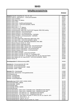50/03
Inhaltsverzeichnis
Bildtafel
Adaption Case IH - Axial Flow 14.., 16.., 21.., 23.. 64/002
Adaption Case IH - Axial Flow 23.. - 1270/1275/1230"B/FB 64/011
Adaption Case IH 525/527 64/040
Adaption Claas Mega, VX, Medion 62/001
Adaption Claas Lexion 62/011
Adaption Claas Lexion - Ausführung Nordamerika 62/021
Adaption Claas Lexion - 1270/1275/1230"B/FB, 1820"B 62/026
Adaption Deutz Fahr 4..., 5... 61/001
Adaption Deutz Fahr 4..., 5... Balance 61/010
Adaption Laverda 517-524, 1950-2550 65/000
Adaption Laverda 624-627, 2560-3160, Fiat 521-627 Integrale, 2350-3160 Leveling 65/010
Adaption Gleaner R40-R75 - ohne Schwenkschild 68/001
Adaption Gleaner R40-R75 - mit Schwenkschild 68/011
Adaption Gleaner R72/R75 - ohne Schwenkschild - 1230"B/FB 68/020
Adaption Gleaner R72/R75 - mit Schwenkschild - 1230"B/FB 68/030
Adaption John Deere 20.., 22.. 63/012
Adaption John Deere 9400/10/50, 9500/10/50, 9600/10/50, 9750 63/023
Adaption John Deere 9750 - 1270/1275/1230"B/FB, 1820"B 63/031
Adaption John Deere 1540/1550, 9540/60/80, 9640/60/80, 9780, 9880 63/040
Adaption Massey Ferguson 30-40, 72.., Fendt 66/001
Adaption Massey Ferguson 8560-8590 Rotary 66/011
Adaption Massey Ferguson 8680 / Gleaner C62 - ohne Schwenkschild 66/021
Adaption Massey Ferguson 8680 / Gleaner C62 - mit Schwenkschild 66/030
Adaption Massey Ferguson 8780 Rotary - ohne Schwenkschild 66/040
Adaption Massey Ferguson 8780 Rotary - mit Schwenkschild 66/050
Adaption New Holland TR 85-99 60/000
Adaption New Holland TR 98/99 - 1270/1275/1230"B/FB 60/005
Adaption New Holland TX 62-68, TF 76/78, TC - bis Baujahr 2001 60/011
Adaption New Holland TX 63-68, TC - ab Baujahr 2002, CR, CS, CX, Case IH-CT/AFX 60/050
Adaption New Holland CR, CX, Case IH-AFX - 1270/1275/1230"B/FB", 1820"B 60/055
Adaption Sampo 30.. 68/090
Antriebsposition für Mähdreschertyp (ATP) 55/000
Antriebsteile - Kronenradantrieb 400 - 600 55/004
Antriebsteile - Kronenradantrieb 600 55/007
Antriebsteile - Kronenradantrieb 636" - 1800B 55/014
Antriebsteile - 836"B - 1800B 55/032
Getriebe PCA - Getriebewelle 01/600
Getriebe PCA - Rotorantrieb + Einzugskettenantrieb 01/650
Getriebeabstützung 54/100
Getriebe - Schaltgetriebe 55/042
Getriebe - Winkelgetriebe 55/101
Getriebe - Kronenradgetriebe 55/111
Hydraulikanlage 670FS / 675F / 870FB / 875FB 54/150
Hydraulikanlage 680FL / 880FB 54/155
Hydraulikanlage 1200FB 54/160
Hydraulikträger 600F 54/170
Hydraulikträger 800FB / 1200FB 54/180
Hydraulikkupplungen 54/303
Hydraulik-Steuerblock - Claas Lexion / Caterpillar Lexion - Maispflückvorsatz klappbar 54/312
Hydraulik-Steuerblock - Claas Lexion / Caterpillar Lexion - Maispflückvorsatz starr 54/316
Hydraulik-Steuerblock - John Deere 20..,22.. - Maispflückvorsatz klappbar 54/322
Hydraulik-Steuerblock - John Deere 20..,22.. - Maispflückvorsatz starr 54/326
Hydraulik-Multikupplung - New Holland TX 62-68, TF 76/78, CS, CR, CX, Case IH - AFX 54/331
Hydraulik-Multikupplung - Deutz Fahr 4..., 5... 54/335
Hydraulik-Multikupplung - Case IH - AF, CF 54/340
Hydraulik-Multikupplung - Massey Ferguson 30-40, 72.., Fendt 54/346
 