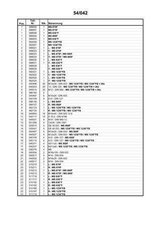54/042
Teil-
Pos. Nr. Stk. Benennung
1 588000 1 MS 870F
1 588001 1 MS 875F
1 588006 1 MS 830"F
1 588004 1 MS 880F
1 588005 1 MS 836"F
1 582000 1 MS 1230"FB
1 582001 1 MS 1236"FB
2 588021 1 L - MS 870F
2 588022 1 R - MS 870F
2 588023 1 L - MS 875F / MS 880F
2 588024 1 R - MS 875F / MS 880F
2 588030 1 L - MS 830"F
2 588031 1 R - MS 830"F
2 588028 L - MS 836"F
2 588029 R - MS 836"F
2 582021 1 L - MS 1230"FB
2 582022 1 R - MS 1230"FB
2 582024 1 L - MS 1236"FB
2 582025 1 R - MS 1236"FB
3 040496 20 M12x30 - DIN 933 - MS 1230"FB / MS 1236"FB = 26x
4 040203 20 13 - DIN 125 - MS 1230"FB / MS 1236"FB = 26x
5 040010 20 M12 - DIN 985 - MS 1230"FB / MS 1236"FB = 26x
6 586164 2
7 040497 6 M10x20 - DIN 933
8 040109 6 A10 - DIN 127
9 588156 1 L - MS 800F
9 588157 1 R - MS 800F
9 582133 1 L - MS 1230"FB / MS 1236"FB
9 582134 1 R - MS 1230"FB / MS 1236"FB
10 040603 16 M16x45 - DIN 933 12.9
11 040117 16 A 16,5 - DIN 6798
12 040031 8 M16 - DIN 985-12
13 041256 4 12x30 - DIN 1481
14 025015 4 GE 30 DO - MS 800F
14 025041 4 GE 40 DO - MS 1230"FB / MS 1236"FB
15 040497 4 M10x20 - DIN 933 - MS 800F
15 040427 4 M12x25 - DIN 933 - MS 1230"FB / MS 1236"FB
16 040109 4 A10 - DIN 127 - MS 800F
16 040110 4 A12 - DIN 127 - MS 1230"FB / MS 1236"FB
17 040371 4 45/11x5 - MS 800F
17 040237 4 60/13x8 - MS 1230"FB / MS 1236"FB
18 026379 4 M6
19 040454 2 M16x100 - DIN 933
20 040017 4 M16 - DIN 934
21 040532 2 M16x35 - DIN 933
22 040017 2 M16 - DIN 934
23 510210 1 L - MS 870F
23 510211 1 R - MS 870F
23 510212 1 L - MS 875F / MS 880F
23 510213 1 R - MS 875F / MS 880F
23 511716 1 L - MS 830"F
23 511717 1 R - MS 830"F
23 510192 1 L - MS 836"F
23 510193 1 R - MS 836"F
23 510196 1 L - MS 1230"FB
23 510197 1 R - MS 1230"FB
23 511714 1 L - MS 1236"FB
 