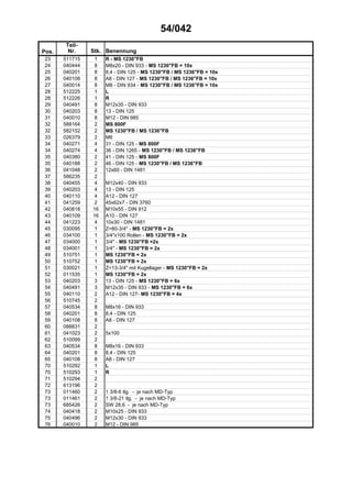 54/042
Teil-
Pos. Nr. Stk. Benennung
23 511715 1 R - MS 1236"FB
24 040444 8 M8x20 - DIN 933 - MS 1230"FB = 10x
25 040201 8 8,4 - DIN 125 - MS 1230"FB / MS 1236"FB = 10x
26 040108 8 A8 - DIN 127 - MS 1230"FB / MS 1236"FB = 10x
27 040014 8 M8 - DIN 934 - MS 1230"FB / MS 1236"FB = 10x
28 512225 1 L
28 512226 1 R
29 040491 8 M12x35 - DIN 933
30 040203 8 13 - DIN 125
31 040010 8 M12 - DIN 985
32 588164 2 MS 800F
32 582152 2 MS 1230"FB / MS 1236"FB
33 026379 2 M6
34 040271 4 31 - DIN 125 - MS 800F
34 040274 4 36 - DIN 1265 - MS 1230"FB / MS 1236"FB
35 040380 2 41 - DIN 125 - MS 800F
35 040188 2 46 - DIN 125 - MS 1230"FB / MS 1236"FB
36 041048 2 12x60 - DIN 1481
37 586235 2
38 040455 4 M12x40 - DIN 933
39 040203 4 13 - DIN 125
40 040110 4 A12 - DIN 127
41 041259 2 45x62x7 - DIN 3760
42 040818 16 M10x55 - DIN 912
43 040109 16 A10 - DIN 127
44 041223 4 10x30 - DIN 1481
45 030095 1 Z=80-3/4" - MS 1230"FB = 2x
46 034100 1 3/4"x100 Rollen - MS 1230"FB = 2x
47 034000 1 3/4" - MS 1230"FB =2x
48 034001 1 3/4" - MS 1230"FB = 2x
49 510751 1 MS 1230"FB = 2x
50 510752 1 MS 1230"FB = 2x
51 030021 1 Z=13-3/4" mit Kugellager - MS 1230"FB = 2x
52 011535 1 MS 1230"FB = 2x
53 040203 3 13 - DIN 125 - MS 1230"FB = 6x
54 040491 3 M12x35 - DIN 933 - MS 1230"FB = 6x
55 040110 2 A12 - DIN 127- MS 1230"FB = 4x
56 510745 2
57 040534 8 M8x16 - DIN 933
58 040201 8 8,4 - DIN 125
59 040108 8 A8 - DIN 127
60 088831 2
61 041023 2 5x100
62 510099 2
63 040534 8 M8x16 - DIN 933
64 040201 8 8,4 - DIN 125
65 040108 8 A8 - DIN 127
70 510292 1 L
70 510293 1 R
71 510294 2
72 613196 2
73 011460 2 1 3/8-6 tlg. - je nach MD-Typ
73 011461 2 1 3/8-21 tlg. - je nach MD-Typ
73 685426 2 SW 28,6 - je nach MD-Typ
74 040418 2 M10x25 - DIN 933
75 040496 2 M12x30 - DIN 933
76 040010 2 M12 - DIN 985
 