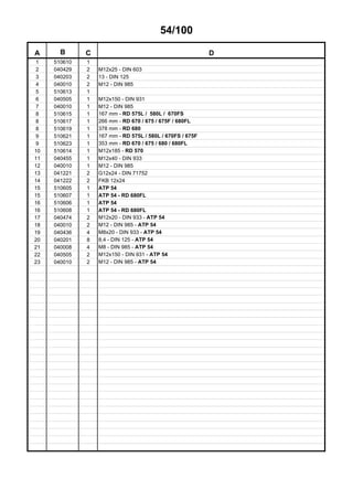 54/100
A B C D
1 510610 1
2 040429 2 M12x25 - DIN 603
3 040203 2 13 - DIN 125
4 040010 2 M12 - DIN 985
5 510613 1
6 040505 1 M12x150 - DIN 931
7 040010 1 M12 - DIN 985
8 510615 1 167 mm - RD 575L / 580L / 670FS
8 510617 1 266 mm - RD 670 / 675 / 675F / 680FL
8 510619 1 378 mm - RD 680
9 510621 1 167 mm - RD 575L / 580L / 670FS / 675F
9 510623 1 353 mm - RD 670 / 675 / 680 / 680FL
10 510614 1 M12x185 - RD 570
11 040455 1 M12x40 - DIN 933
12 040010 1 M12 - DIN 985
13 041221 2 G12x24 - DIN 71752
14 041222 2 FKB 12x24
15 510605 1 ATP 54
15 510607 1 ATP 54 - RD 680FL
16 510606 1 ATP 54
16 510608 1 ATP 54 - RD 680FL
17 040474 2 M12x20 - DIN 933 - ATP 54
18 040010 2 M12 - DIN 985 - ATP 54
19 040436 4 M8x20 - DIN 933 - ATP 54
20 040201 8 8,4 - DIN 125 - ATP 54
21 040008 4 M8 - DIN 985 - ATP 54
22 040505 2 M12x150 - DIN 931 - ATP 54
23 040010 2 M12 - DIN 985 - ATP 54
 