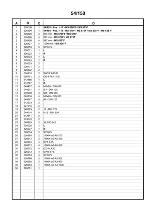 54/150
A B C D
1 526000 1 54/170 - Pos. 1-17 - MS 670FS / MS 675F
1 526100 1 54/180 - Pos. 1-10 - MS 870F / MS 875F / MS 830"F / MS 836"F
2 526020 4 800 mm - MS 670FS / MS 675F
2 526106 4 837 mm - MS 870F / MS 875F
2 526126 4 987 mm - MS 830"F
2 526127 4 1200 mm - MS 836"F
3 026053 5 SV 8-PL
4 526021 1 L
4 526022 1 R
5 526023 1 L
5 526024 1 R
6 526025 2
7 026131 2
8 026132 2
9 026118 2 SWVE 8-PLR
10 026101 2 GE 8-PLR - ED
11 012166 1 L
11 012167 1 R
12 040437 4 M8x20 - DIN 603
13 040201 4 8,4 - DIN 125
14 040008 4 M8 - DIN 985
15 040538 4 M6x40 - DIN 933
16 040107 4 A6 - DIN 127
17 012233 2
18 027016 2
19 040203 2 13 - DIN 125
20 040016 8 M12 - DIN 934
21 012111 2
22 003043 2
23 040378 2 36,5/13,5x2
24 526026 1 L
24 526027 1 R
25 026053 5 SV 8-PL
26 026384 2 1106K-A0-A0-270
27 026312 2 1106K-A0-A0-330
28 026204 4 EVT 8-PL
29 026312 4 1106K-A0-A0-330
30 026302 4 GZ 8-LA3C
31 026043 4 EVW 8-PL
32 026053 4 SV 8-PL
33 026160 2 1106K-A0-A3-300
34 026385 2 1106K-A0-A3-400
35 026993 1 1106K-A0-A3-1500
36 026051 1
 