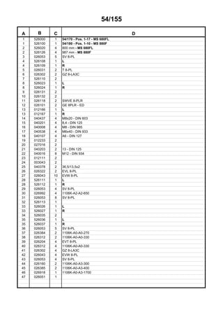 54/155
A B C D
1 526000 1 54/170 - Pos. 1-17 - MS 680FL
1 526100 1 54/180 - Pos. 1-10 - MS 880F
2 526020 4 800 mm - MS 680FL
2 526126 4 987 mm - MS 880F
3 026053 5 SV 8-PL
4 526108 1 L
4 526109 1 R
5 026031 2 T 8-PL
6 026302 2 GZ 8-LA3C
7 526110 2
8 526023 1 L
8 526024 1 R
9 026131 2
10 026132 2
11 026118 2 SWVE 8-PLR
12 026101 2 GE 8PLR - ED
13 012166 1 L
13 012167 1 R
14 040437 4 M8x20 - DIN 603
15 040201 4 8,4 - DIN 125
16 040008 4 M8 - DIN 985
17 040538 4 M6x40 - DIN 933
18 040107 4 A6 - DIN 127
19 012233 2
20 027016 2
21 040203 2 13 - DIN 125
22 040016 8 M12 - DIN 934
23 012111 2
24 003043 2
25 040378 2 36,5/13,5x2
26 026322 2 EVL 8-PL
27 026043 10 EVW 8-PL
28 526111 1 L
28 526112 1 R
29 026053 4 SV 8-PL
30 026992 4 1106K-A2-A2-650
31 026053 8 SV 8-PL
32 526113 1
33 526026 1 L
33 526027 1 R
34 526035 2
35 526036 1 L
35 526037 1 R
36 026053 5 SV 8-PL
37 026384 2 1106K-A0-A0-270
38 026312 2 1106K-A0-A0-330
39 026204 4 EVT 8-PL
40 026312 4 1106K-A0-A0-330
41 026302 4 GZ 8-LA3C
42 026043 4 EVW 8-PL
43 026053 4 SV 8-PL
44 026160 2 1106K-A0-A3-300
45 026385 2 1106K-A0-A3-400
46 026918 1 1106K-A0-A3-1700
47 026051 1
 