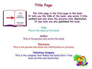 Title Page   The title page is the first page in the book. It tells you the  title  of the book, who wrote it (the  author ) and who drew the pictures (the  illustrator ). It also tells you who  published  the book.   Title This is the name of the book. Author This is the person who wrote the book. Illustrator This is the person who drew the illustrations or pictures. Publishing Company This is the company that makes the book after it has been written and illustrated. 