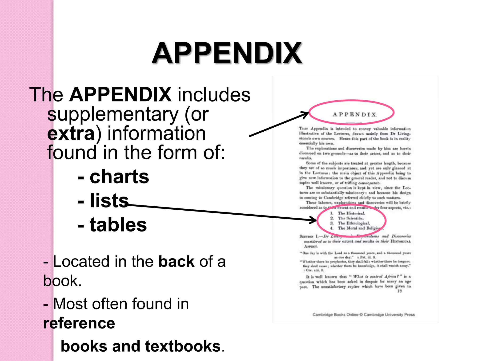APPENDIX
- Located in the back of a
book.
- Most often found in
reference
books and textbooks.
The APPENDIX includes
supplementary (or
extra) information
found in the form of:
- charts
- lists
- tables
 