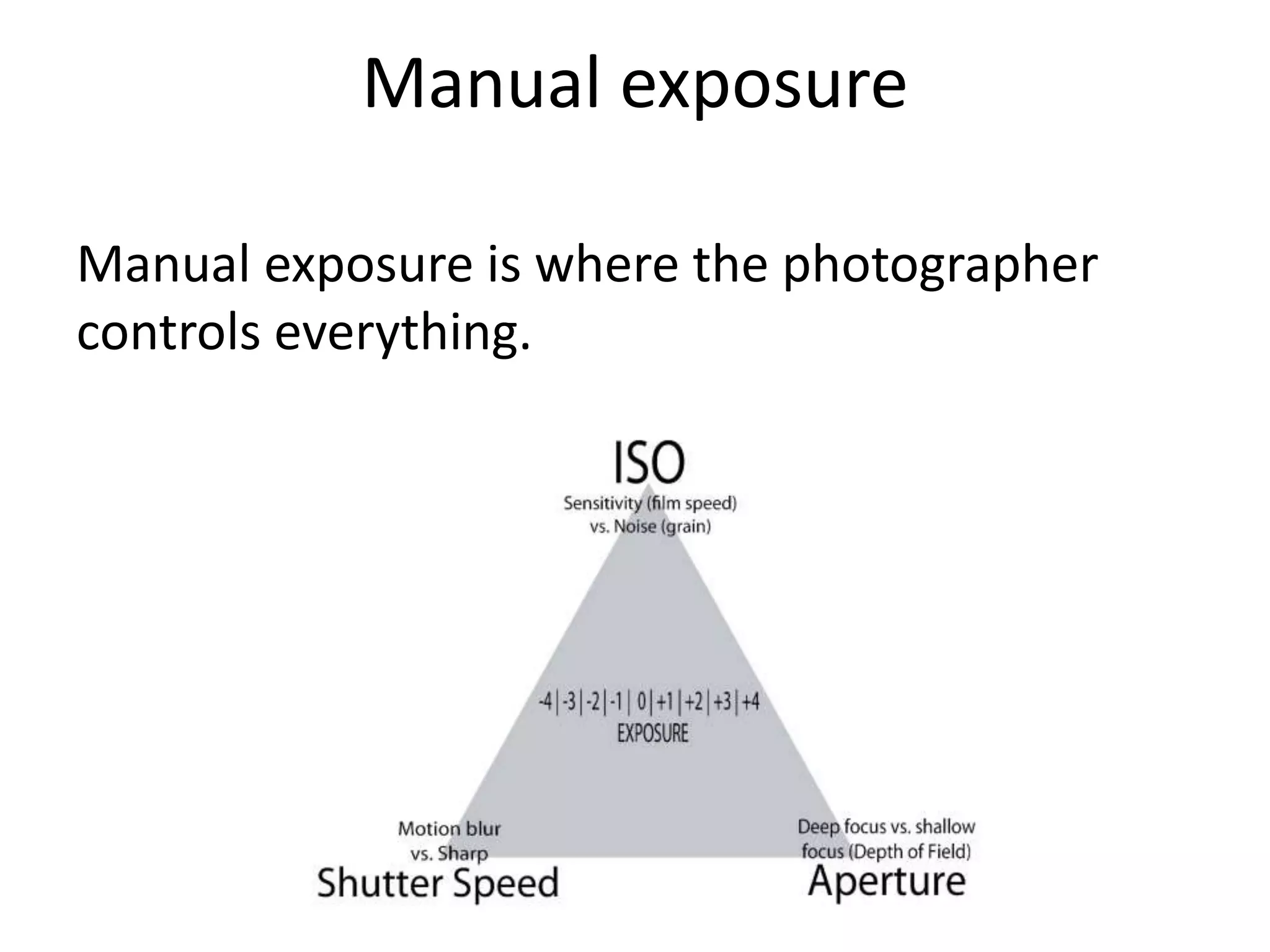 Manual exposure
Manual exposure is where the photographer
controls everything.
 