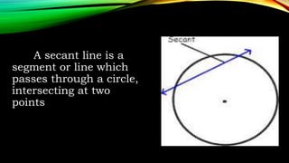 A chord is a line
segment with both
endpoints on the circle.
The diameter is a special
chord that passes
through the cente...