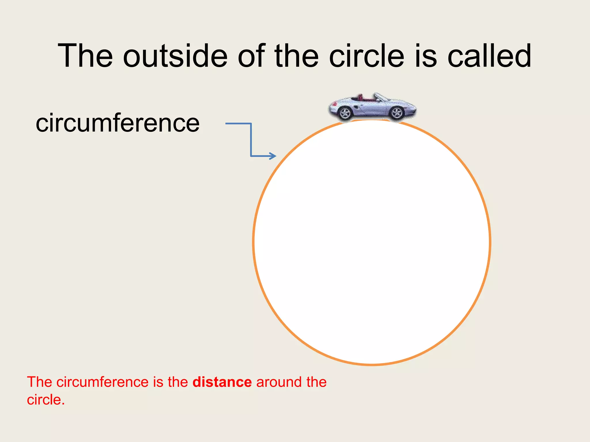 The outside of the circle is called
circumference
The circumference is the distance around the
circle.