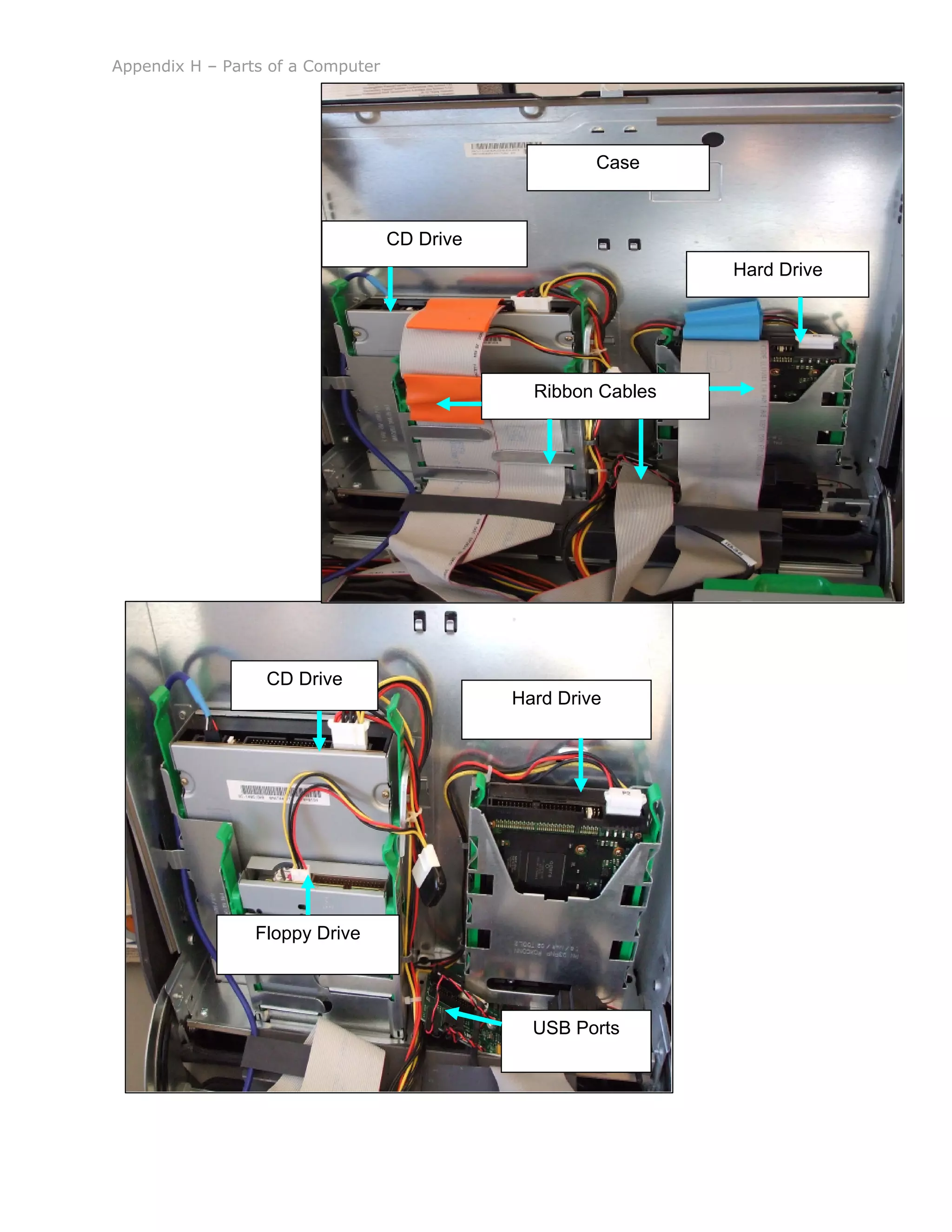 Appendix H – Parts of a Computer
CD Drive
Hard Drive
Floppy Drive
USB Ports
CD Drive
Hard Drive
Ribbon Cables
Case
 