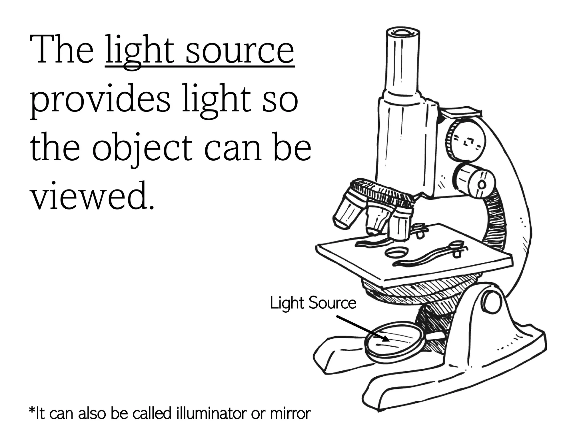 The light source
provides light so
the object can be
viewed.
Light Source
*It can also be called illuminator or mirror
 
