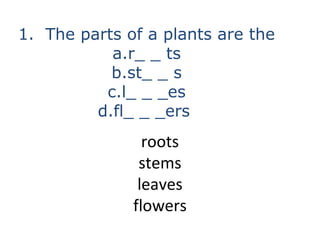 2. What do plants need
           to grow?

a. c _ _ _ _on dioxide from the _ _ _
b. w _ _ _ _
c. l _ gh_ from the _ _ _
a...