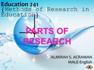 ALMIRAH S. ACRAMAN
MALE-English
PARTS OF
RESEARCH
Education 241
(Methods of Research in
Education)
 