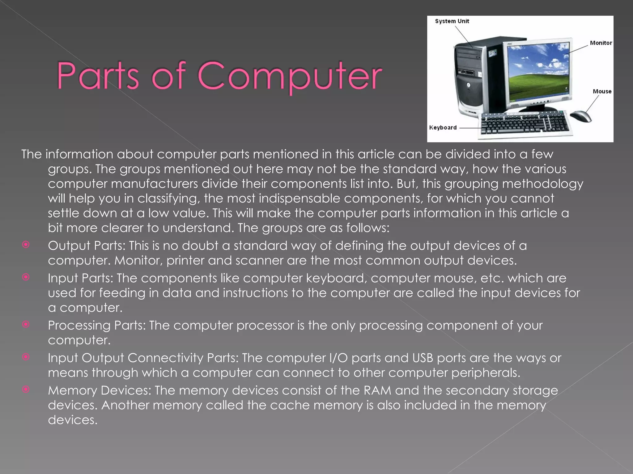 Parts of Computer | PPT | Computer Peripherals | Computing