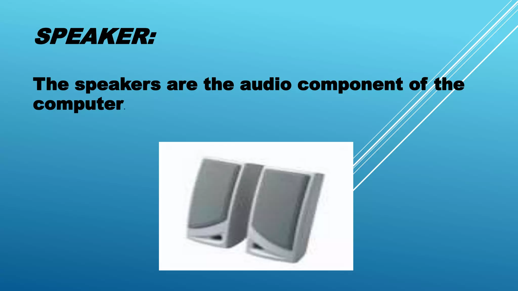 SPEAKER:
The speakers are the audio component of the
computer.
 