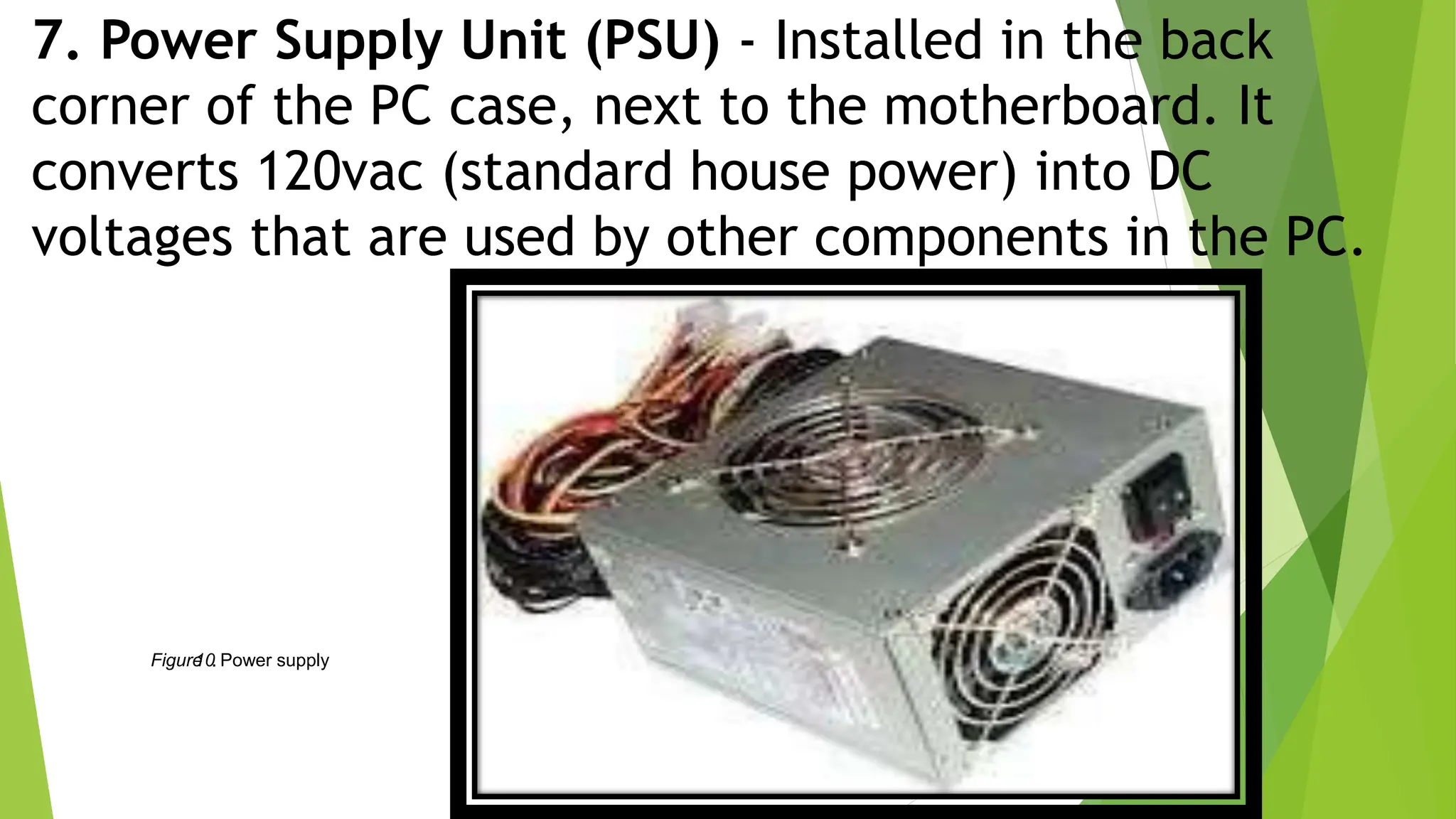 Figure
10. Power supply
7. Power Supply Unit (PSU) - Installed in the back
corner of the PC case, next to the motherboard. It
converts 120vac (standard house power) into DC
voltages that are used by other components in the PC.
 