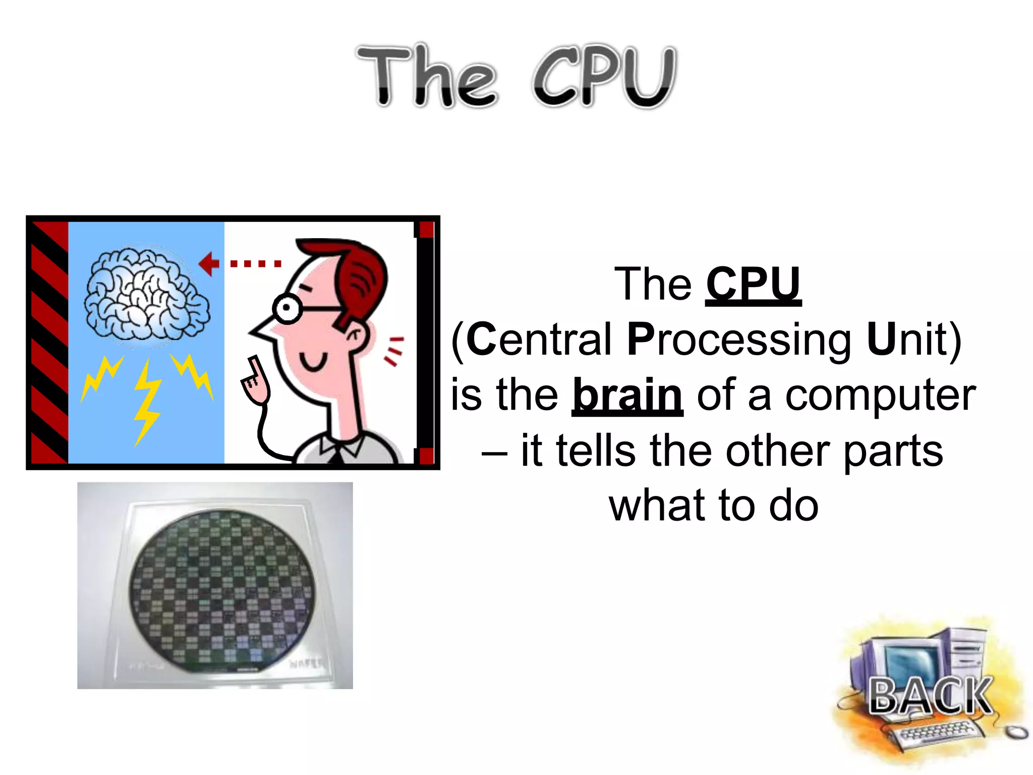 The CPU
(Central Processing Unit)
is the brain of a computer
– it tells the other parts
what to do
 