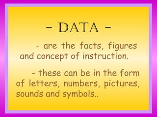 - Data -
- are the facts, figures
and concept of instruction.
- these can be in the form
of letters, numbers, pictures,
sounds and symbols..
 