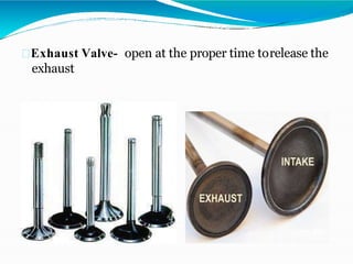 Exhaust Valve- open at the proper time torelease the
exhaust
 