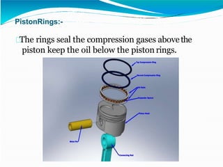 PistonRings:-
The rings seal the compression gases abovethe
piston keep the oil below the piston rings.
 
