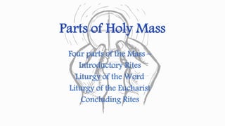 Parts of Holy Mass 
Four parts of the Mass – 
Introductory Rites 
Liturgy of the Word 
Liturgy of the Eucharist 
Concluding Rites 
 