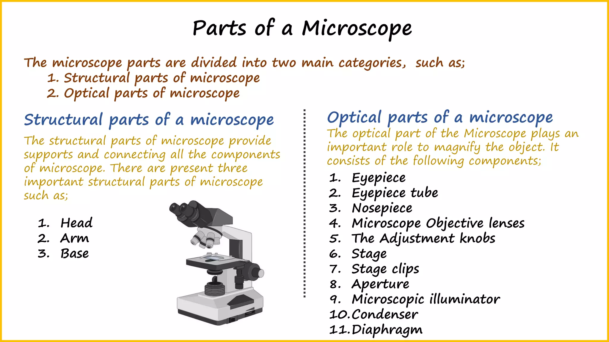 The microscope parts are divided into two main categories, such as;
1. Structural parts of microscope
2. Optical parts of microscope
Parts of a Microscope
Structural parts of a microscope Optical parts of a microscope
1. Eyepiece
2. Eyepiece tube
3. Nosepiece
4. Microscope Objective lenses
5. The Adjustment knobs
6. Stage
7. Stage clips
8. Aperture
9. Microscopic illuminator
10.Condenser
11.Diaphragm
1. Head
2. Arm
3. Base
The structural parts of microscope provide
supports and connecting all the components
of microscope. There are present three
important structural parts of microscope
such as;
The optical part of the Microscope plays an
important role to magnify the object. It
consists of the following components;
 