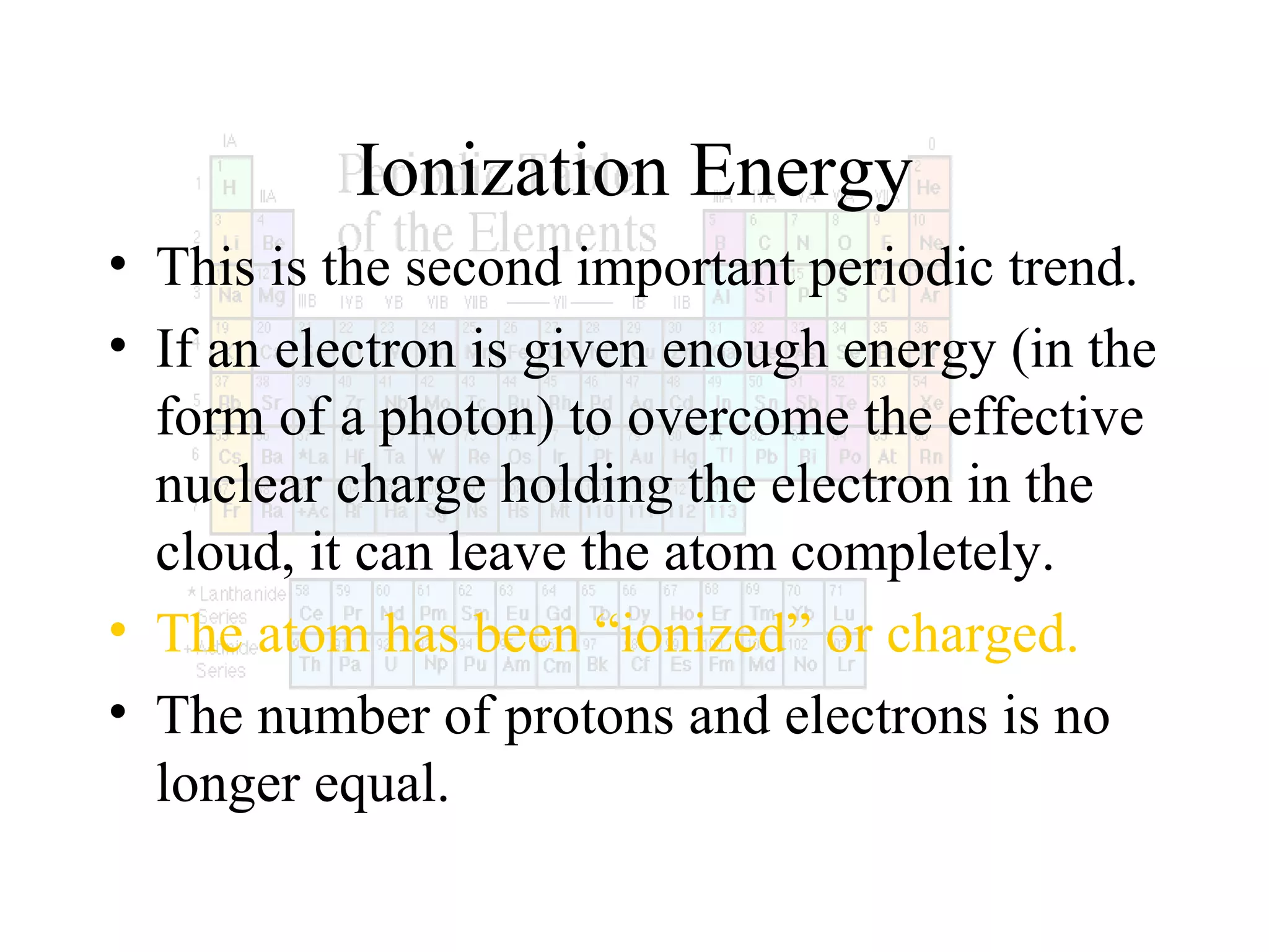 Ionization Energy
• This is the second important periodic trend.
• If an electron is given enough energy (in the
form of a photon) to overcome the effective
nuclear charge holding the electron in the
cloud, it can leave the atom completely.
• The atom has been “ionized” or charged.
• The number of protons and electrons is no
longer equal.

 