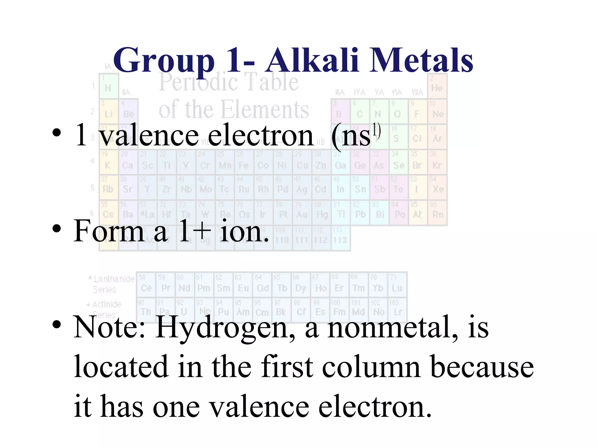 Group 1- Alkali Metals
• 1 valence electron (ns1)
• Form a 1+ ion.
• Note: Hydrogen, a nonmetal, is
located in the first column because
it has one valence electron.

 