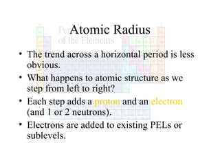 Atomic Radius
• The trend across a horizontal period is less
obvious.
• What happens to atomic structure as we
step from left to right?
• Each step adds a proton and an electron
(and 1 or 2 neutrons).
• Electrons are added to existing PELs or
sublevels.

 