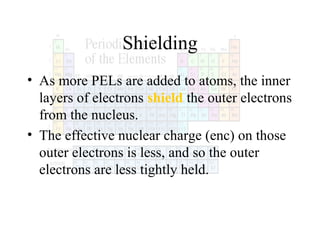Shielding
• As more PELs are added to atoms, the inner
layers of electrons shield the outer electrons
from the nucleus.
• The effective nuclear charge (enc) on those
outer electrons is less, and so the outer
electrons are less tightly held.

 
