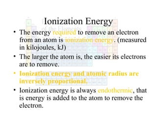 Ionization Energy
• The energy required to remove an electron
from an atom is ionization energy. (measured
in kilojoules, kJ)
• The larger the atom is, the easier its electrons
are to remove.
• Ionization energy and atomic radius are
inversely proportional.
• Ionization energy is always endothermic, that
is energy is added to the atom to remove the
electron.

 