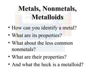 Metals, Nonmetals,
Metalloids
• How can you identify a metal?
• What are its properties?
• What about the less common
nonmetals?
• What are their properties?
• And what the heck is a metalloid?

 