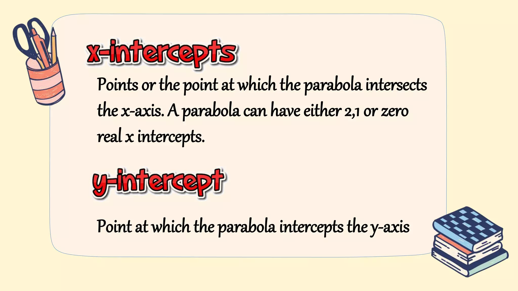 Points or the point at which the parabola intersects
the x-axis. A parabola can have either 2,1 or zero
real x intercepts.
Point at which the parabola intercepts the y-axis
 