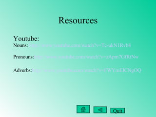 Resources Youtube: Nouns:  http://www. youtube .com/watch?v= Tc -ukN1Rvb8 Pronouns: http://www. youtube .com/watch?v=zApm7GfRtNw Adverbs: http://www. youtube .com/watch?v= FWYmEICNgOQ Quit 