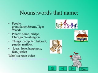 Nouns:words that name: People: grandfather,Serena,Tiger Woods Places: home, bridge, Chicago, Washington Things: computer, Internet, parade, mailbox Ideas: love, happiness, fear, justice  What’s a noun video  http://www.youtube.com/watch?v=Tc-ukN1Rvb8 Quit 