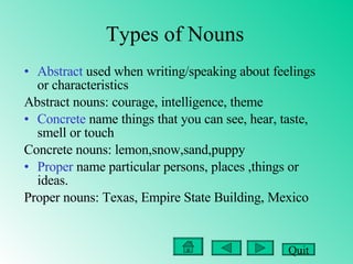 Types of Nouns Abstract  used when writing/speaking about feelings or characteristics Abstract nouns: courage, intelligence, theme Concrete  name things that you can see, hear, taste, smell or touch Concrete nouns: lemon,snow,sand,puppy Proper  name particular persons, places ,things or ideas.  Proper nouns: Texas, Empire State Building, Mexico Quit 