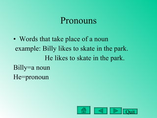 Pronouns Words that take place of a noun example: Billy likes to skate in the park.  He likes to skate in the park. Billy=a noun He=pronoun Quit 