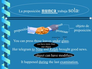 La preposición nunca trabaja sola!
objeto de
preposición
preposition object
can have more than
one object
object can have modifiers
You can press those leaves under glass.
Her telegram to Nina and Ralph brought good news.
It happened during the last examination.
 